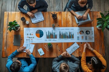 Brainstorming in a modern office. Serious business team analyzes sales charts and diagrams, develops a new strategy and discusses work issues. Concept, Generative AI