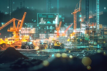 Futuristic digital construction site featuring cranes and holographic energy data visualization