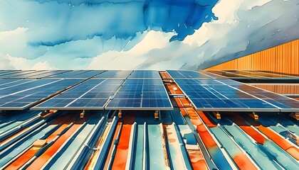 Futuristic Rooftop Solar Panel Installation in Flat Design with Triadic Color Scheme in Watercolor Style