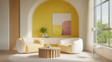 Wall Mural - Modern living room with armchair, home interior design with furniture and coffee table