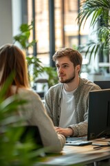 Wall Mural - Young male and female colleagues work in a spacious office. Successful people are working on a new business project. Collective work in the office, Generative AI