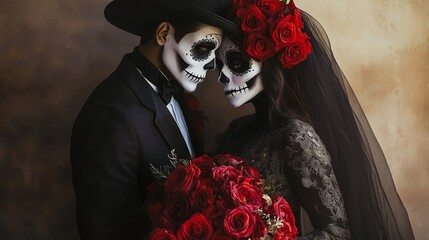 Elegant couple celebrating a Day of the Dead themed wedding, with face paintings, black attire, and red roses bouquet.