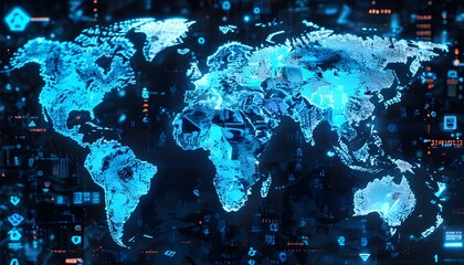 Wall Mural - Futuristic global map featuring digital currency and blockchain icons in neon blue and silver, showcasing cutting-edge financial technology in stunning HD quality