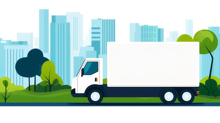 Wall Mural - Electric delivery trucks in a city, sustainable logistics, flat design illustration