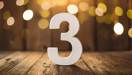 White number 3 three on wooden background, bokeh with golden lights. Holiday and celebration