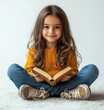 © Inna - Smiling girl sitting on the floor with her legs crossed holding a book in both hands, solid white background