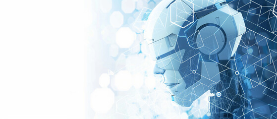 Wall Mural - side profile of a futuristic humanoid robot with abstract geometric digital lines in a high-tech blu