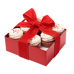 Box of Cupcakes with White Icing and Red Sprinkles Wrapped in Red Ribbon