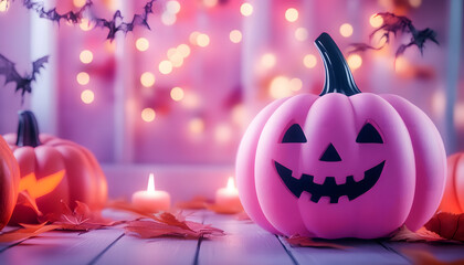 Cute halloween pink pumpkin with spooky festive background. Trick or treat decoration concept. 