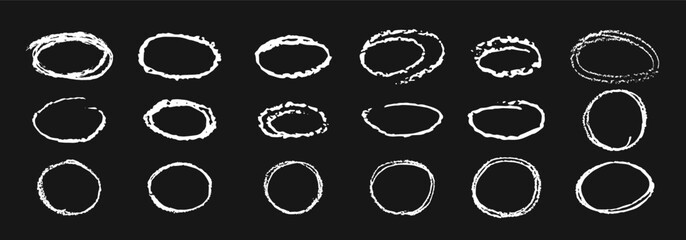 Wall Mural - white chalk highlight circles. crayon handwritten ellipses doodle style. round rough thin frames chi