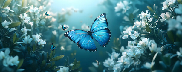 Wall Mural - Vibrant blue butterfly gracefully flutters among delicate white flowers, creating a serene and enchanting natural scene.