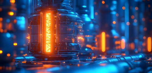 Futuristic technology scene featuring glowing orange and blue lights, showcasing intricate machinery and glowing energy sources.