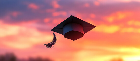 A graduation cap floats against a colorful sunset sky, symbolizing achievement and new beginnings in education.