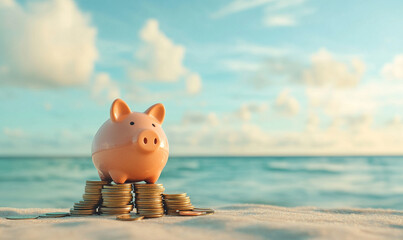 A peach piggy bank balancing perfectly on coins set against serene beach background, symbolizing savings and financial stability