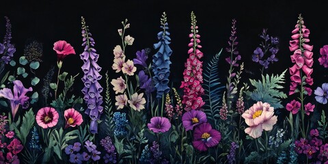 Wall Mural - A vibrant garden of wildflowers blooms beautifully against a dark backdrop. The flowers display various colors and shapes, creating a stunning visual effect. Ideal for nature lovers. AI