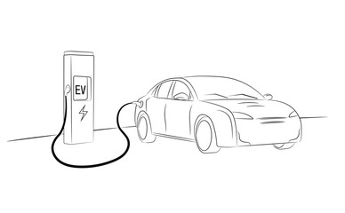 Electric car charging at an EV charging station. Black and white line drawing. Eco friendly transportation, auto industry, future technology. Vector illustrations.