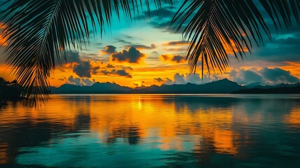 Wall Mural - golden sunset with fiery clouds reflected on calm turquoise waters distant mountains on the horizon 