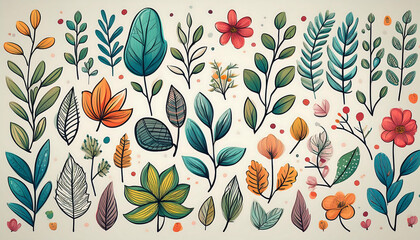 Wall Mural -  Set of hand-drawn plants, leaves, and flowers, in a doodle style, ideal for seasonal te_1(912)