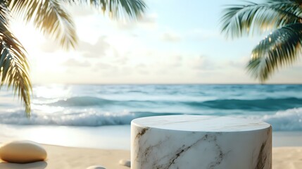 Wall Mural - marble pedestal on a sandy beach with ocean waves in the background sunlit palm trees swaying nearby
