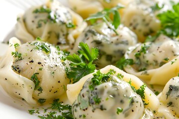 Wall Mural - A plate of food with a sprig of parsley on a white background