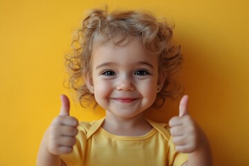 a toddler giving a thumbs up on yellow background, Generative AI