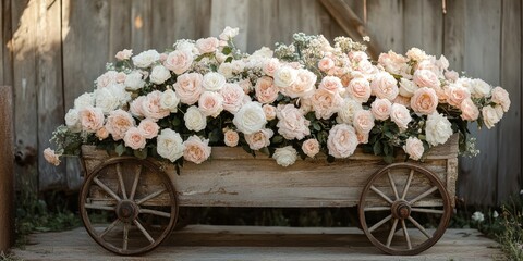 Wall Mural - A beautiful wooden cart filled with blooming roses in soft shades. This charming floral display adds elegance and warmth to any setting or event. Perfect for weddings or home decor. AI