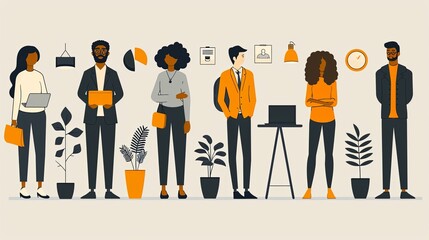 Collection of flat style vector illustrations depicting business people teamwork. Editable stroke