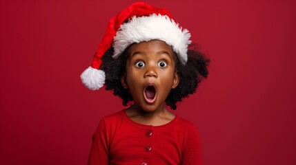 Wall Mural - A young girl wearing a red shirt and a Santa hat is making a surprised face