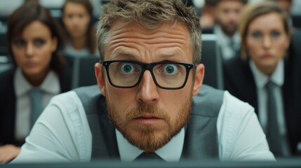 Poster - A man with glasses and a tie sitting in front of people, AI