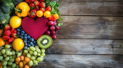 Wall Mural - Vibrant selection of heart-healthy fruits and vegetables, neatly arranged on a rustic table, perfect for promoting