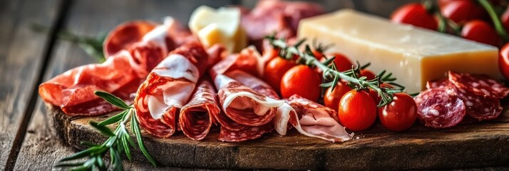 traditional italian antipasto platter, assorted cured meats like prosciutto and salami, cherry tomatoes, fresh rosemary and parmesan cheese chunks on rustic wooden surface, low angle close-up view, wa