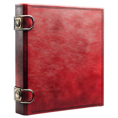 A vintage red binder with metal clasps isolated white background