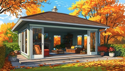 Wall Mural - Bright Cartoon Scene of Sunlit Room with Open Sliding Doors Overlooking Vibrant Autumn Trees