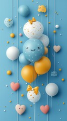 Colorful balloons with playful faces in blue and orange tones, creating a cheerful vibe.