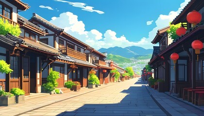 Bright Cartoon Scene of a Traditional Street on a Sunny Day