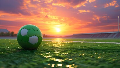 Vibrant sunset illuminating a green soccer field in a playful cartoon landscape