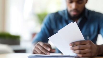 Worried Man Holding Stack of Papers at Desk, Reflecting Financial Woes and Economic Challenges. Symbolic Representation of National Debt and Financial Strain.