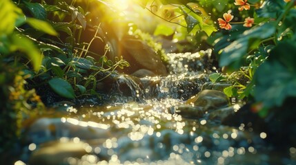 Sunlit Stream Flowing Through Lush Greenery