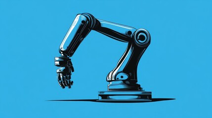 A robotic arm with a metallic hand, isolated on a blue background.