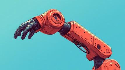 Close-up of a robotic arm reaching out against a blue sky background.