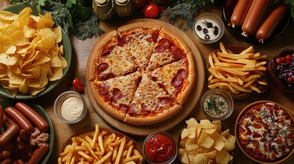 Poster - An indulgent spread of processed foods featuring pizza, hot dogs, crispy chips, and french fries, perfect for comfort food