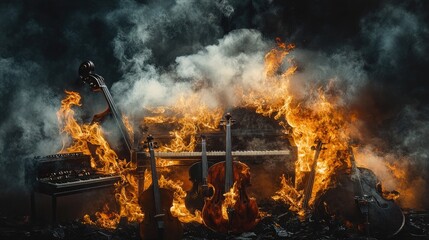 A haunting scene of musical instruments engulfed in flames, with smoke rising, symbolizing destruction through art