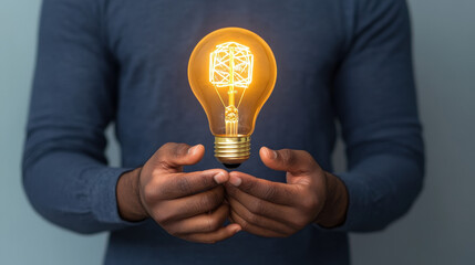 Person holding a globe filled with glowing ideas, representing global creativity in business, world of ideas, international business innovation 