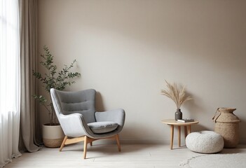 Grey snuggle chair against stucco wall. Boho home interior design of modern living room