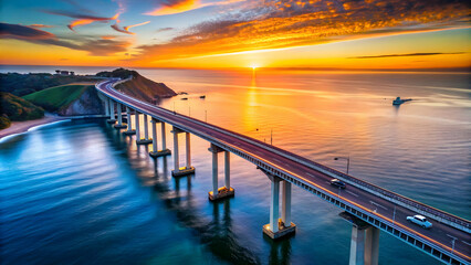 Wall Mural - Dramatic sunset over a scenic coastal bridge with ocean waves crashing against the shore.
Iconic bridge connecting to a small island at dusk, offering a breathtaking ocean view.