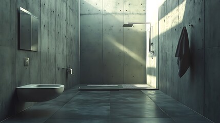 Sticker - Minimalist Bathroom Interior with Concrete Walls and Shower