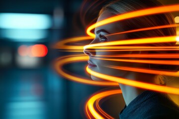 Poster - Side profile of a woman with swirling orange light trails around her symbolizing energy movement and futuristic technology in a modern high tech environment