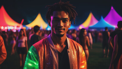 Wall Mural - Portrait of an African American man in a hoodie on a neon background. Red-blue background.