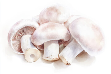 This watercolor painting represents five edible mushrooms, delicately rendered in shades of pink and white