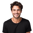 © Minimal Blue - Smiling Young Man Wearing Black T-Shirt Posing Against A Neutral Gray Background